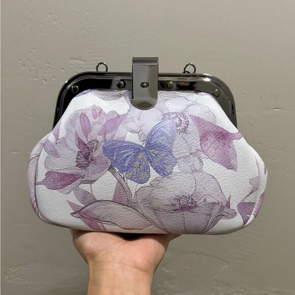 Butterfly Print Cowhide Leather Handmade Rivet Frame Push Lock Multi Use Handbag - Picture 5 of 16